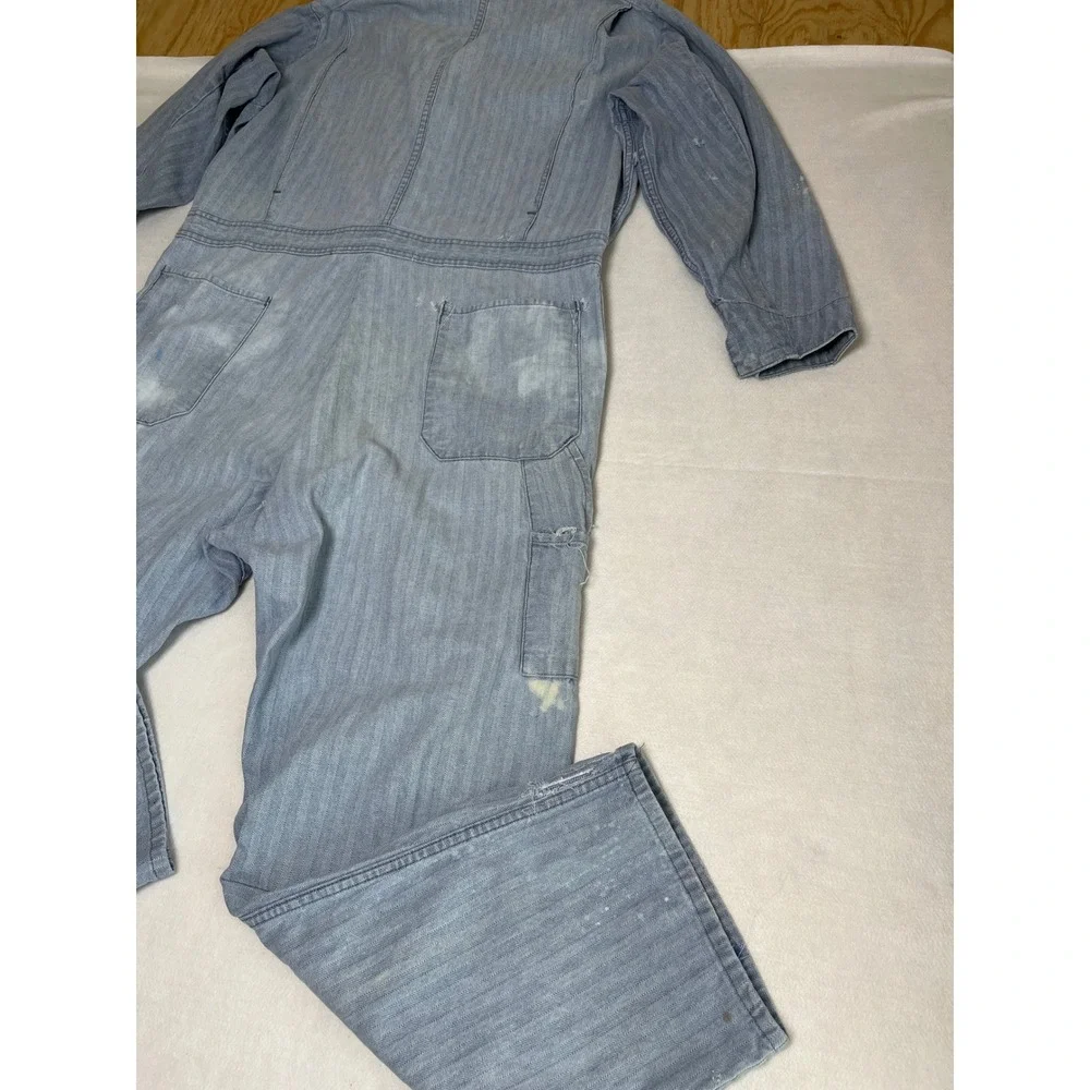 Vintage Dickies Coveralls Faded Blue Herringbone Twill Workwear Jumpsuit Cotton